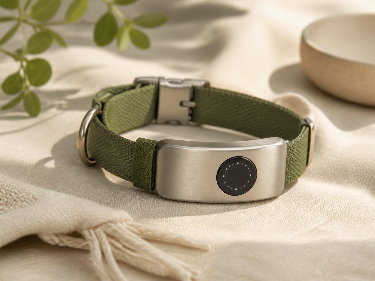 The K9 Longevity sensor collar: olive woven band with a brushed steel sensor module