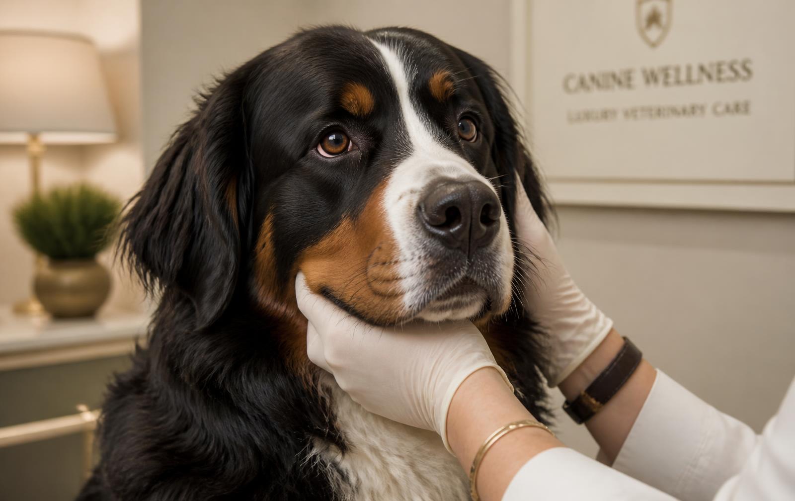 Bernese mountain dog being examined gently in a calm, warm-toned clinical room
