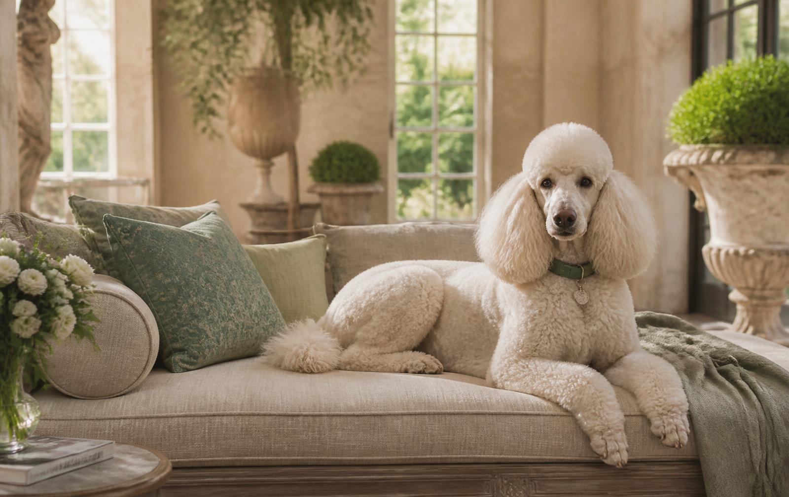 White standard poodle resting on a linen daybed in a sunlit stone orangery